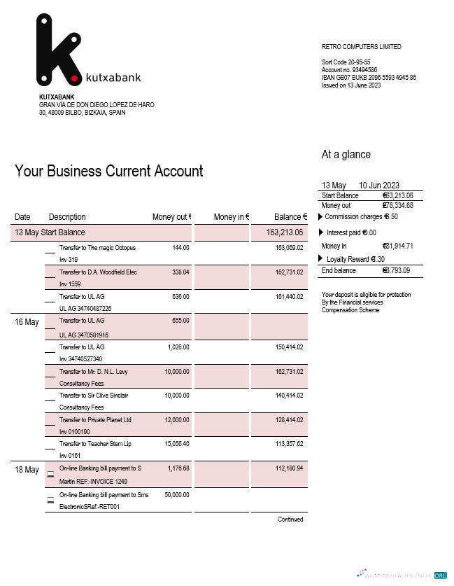 Download Kutxabank company account statement Word and PDF template Photoshop template